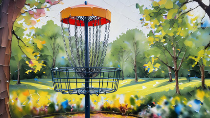 Messy impressionism painting of a Disc Golf Basket and Disc Golf Course, Graphic Resource Background 