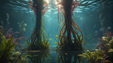 Beneath the murky waters, aquatic killer plants wait silently, their tentacle-like roots ensnaring and devouring their prey, Generative AI