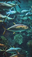 Yellowfin Tuna Swimming in Clear Blue Aquarium Water