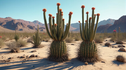 In the desolate desert, the predatory cacti hide their deadly spikes, waiting to strike and drain the life from unsuspecting travelers, Generative AI