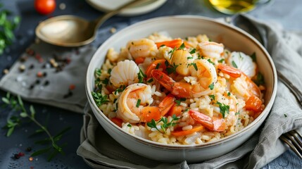 Overhead shot of gourmet seafood risotto with prawns, scallops, and an elegant presentation on a neutral background.