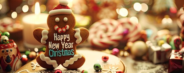 Obraz premium Gingerbread man is wishing happy new year christmas