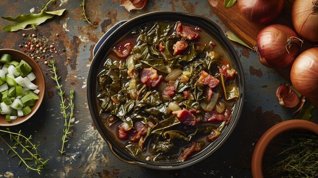 Overhead shot of delectable collard greens with smoked meat and onions, isolated for visual impact.