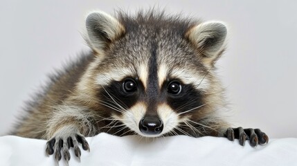  A raccoon gazes over a white sheet's edge, paws poised, as it peers at the camera