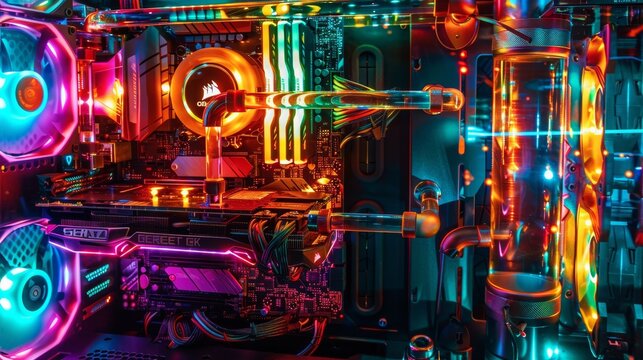 High-Tech Gaming PC with RGB Liquid Cooling System - Futuristic Hardware Setup, Close-Up, Neon Lights, and Transparent Tubes