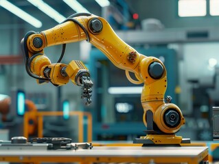 Smart industry robot arm demonstrates Industry 4.0 automation through IoT software-managed operations in a digital factory.