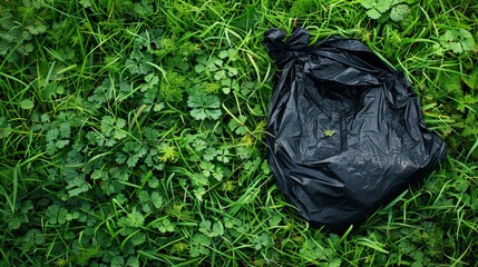 Striking contrast of black garbage bag against vibrant green lawn, showcasing textures and visual depth.