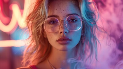 A young woman's face is bathed in a soft neon glow, highlighting her beauty and the artistic ambiance