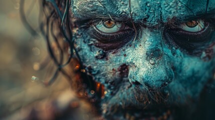 Detailed image of a dramatic, decrepit character with blue textured facial makeup