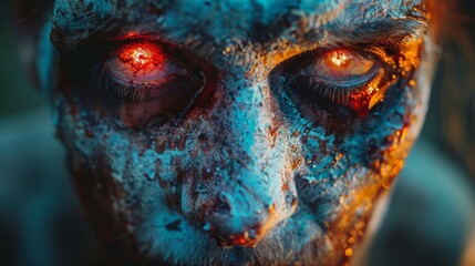 A close-up of a person with intense zombie makeup featuring piercing red glowing eyes and textured skin