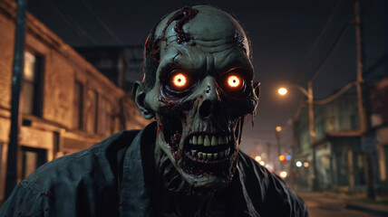 Beneath the dim streetlights, zombies with hollow eyes and rotting flesh stagger aimlessly, creating a scene of apocalyptic terror, Generative AI