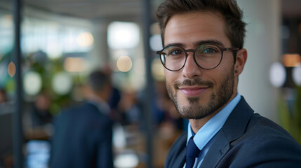 Fototapeta premium Close-up of a smiling young man in glasses and a suit in a modern office setting