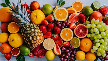 A lot of healthy fruits and vegetables on the table