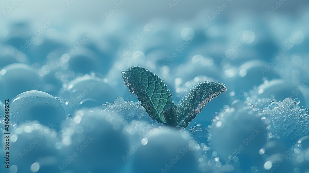 Wall mural a green leaf atop a stack of blue balls bottom of leaf damp with water droplets; leaf tip touched by - Wall murals