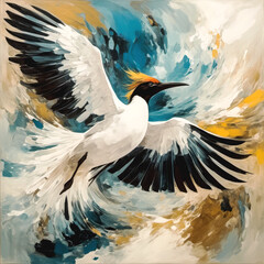 Obraz premium A vibrant abstract painting of a bird in flight, featuring dynamic brushstrokes in blue, white, and gold, capturing motion and energy with striking detail.