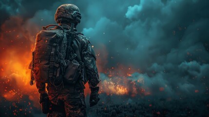 Fototapeta premium A digitized image of a soldier in a warzone with dramatic explosions and fire in the background