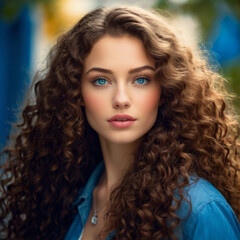 Naklejka premium portrait of long curly hair girl with blue eyes 
