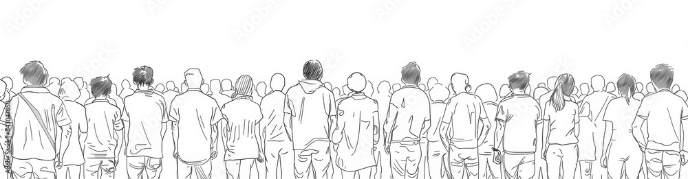 Poster a simple line drawing of a crowd of people standing in front view on a white background generative a
