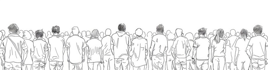 Fototapeta premium A simple line drawing of a crowd of people standing in front view on a white background Generative AI