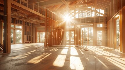 Detailed photo of a new home under construction, sunlit wooden structure, open beams, photo realism, natural light