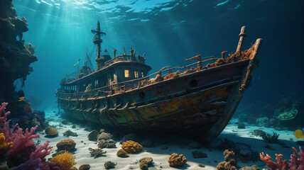 Fototapeta premium In the depths of the ocean, a mysterious sea creature guards a sunken shipwreck filled with ancient artifacts, Generative AI