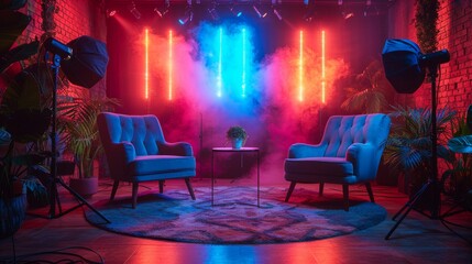 A dynamic and colorful stage designed for performances with neon lights, smoke effects, and stylish furniture