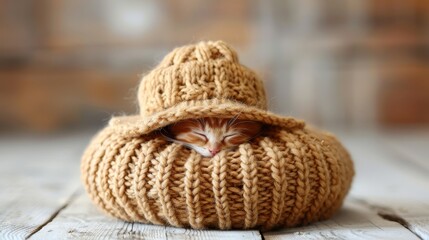  A cat peeks out of a knitted beanie with eyes closed, while its head emerges from the beanie's top