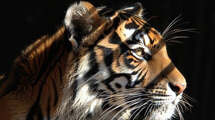  A tight shot of a tiger's face against black backdrop, lit softly from above, casting a blurred glow from the top of its head to its chin