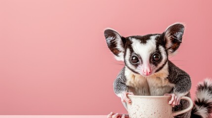  A tight shot of a small animal in a cup, its paws on the table Pink wall backdrop, animal centrally positioned within the cup