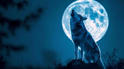  A wolf atop a hill gazes at the full moon, head turned sideways, eyes open, and mouth agape