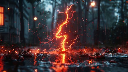  A fire ignites in a forest's puddle, background includes a building; red light illuminates water surface