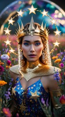 Obraz premium A woman in a crown and dress standing next to flowers, AI