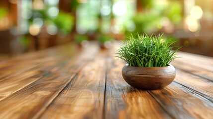  A small potted plant atop a wooden table Another nearby on the same kind of table Background mildly blurred