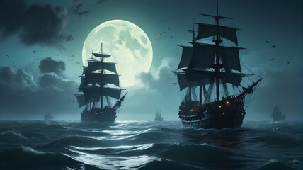 Fototapeta premium Beneath the moonlit sky, a fleet of ghost ships glides silently through the mist, their captains bound by an eternal curse, Generative AI