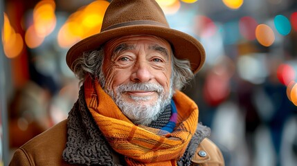 Fototapeta premium Generate a professional headshot of an older man with a warm smile wearing a brown hat and an orange scarf. The background should be blurred.