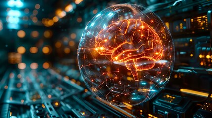 Generate an image of a glowing brain inside a glass sphere. The brain should be orange and the sphere should be blue. The background should be dark and out of focus.