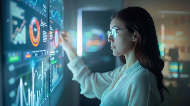 business woman touching a digital screen with graphs and data in a dark room asian woman wearing a white shirt and glasses working at an office, financial market concepts