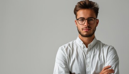 Man With Glasses Standing in Front of a Grey Wall