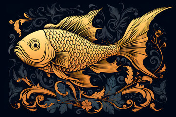 Vintage style illustrated gold fish, gold fish illustration vintage style, vintage vibe gold fish