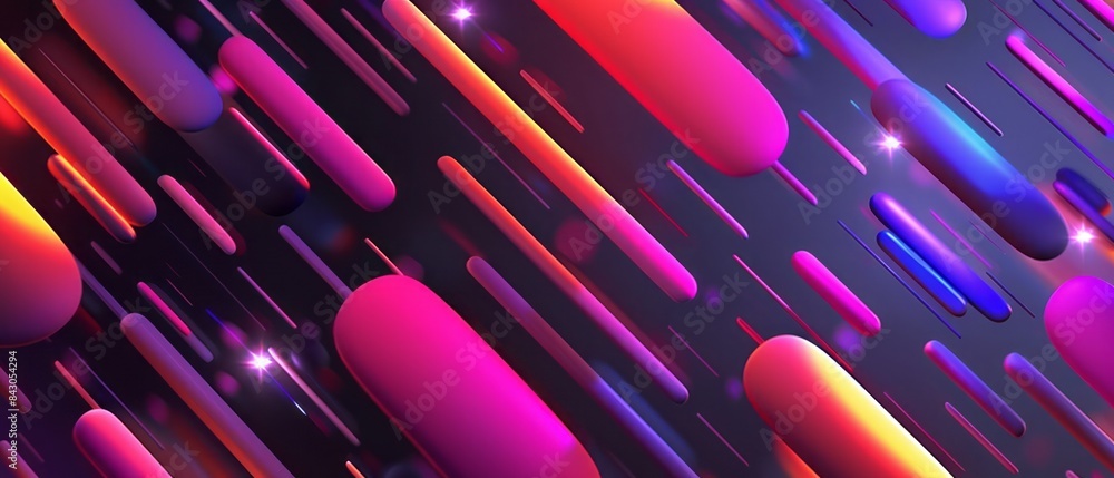 Poster abstract neon colored lines and shapes falling on a dark background