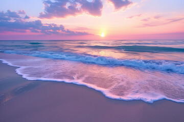 A tranquil beach with rhythmic waves mirroring the soft pastel hues of a serene sunset.