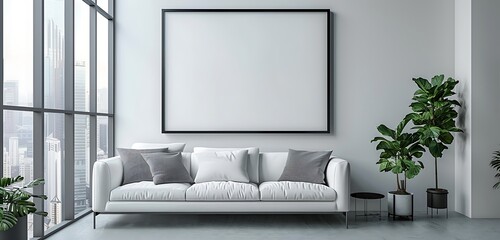 Fototapeta premium Featuring a contemporary bed, colorful sofa-type chair, and bright ceiling, the room is illuminated by white tiles. The addition of soft cushions and a potted plant with greenery creates a lively, inv