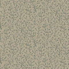 Leaf and sprig vector seamless background pattern. Backdrop with autumn leaves and stems. Neutral beige color design. Scattered sprigs dense texture. Decorative botanical repeat for fall, autumn