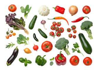 A colorful assortment of vegetables and fruits, isolated from the white background