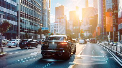 Naklejka premium futuristic electric car driving down the street in an urban city, surrounded by tall buildings and other cars