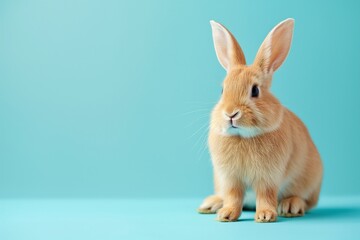 Obraz premium A studio photo of a cute rabbit against a background of pastel colours, taken with soft lighting. Space for copy. 