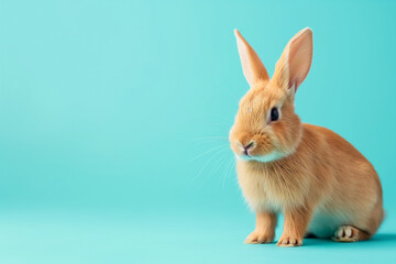 Obraz premium A studio photo of a cute rabbit against a background of pastel colours, taken with soft lighting. Space for copy. 