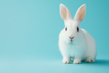 Fototapeta premium A studio photo of a cute rabbit against a background of pastel colours, taken with soft lighting. Space for copy. 