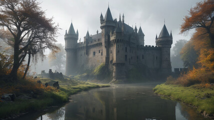 Obraz premium Wrapped in a shroud of mist, the castle's moat teems with eerie creatures lurking in the murky depths, ready to defend their domain, Generative AI