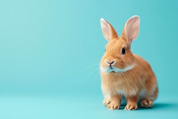 Fototapeta premium A studio photo of a cute rabbit against a background of pastel colours, taken with soft lighting. Space for copy. 